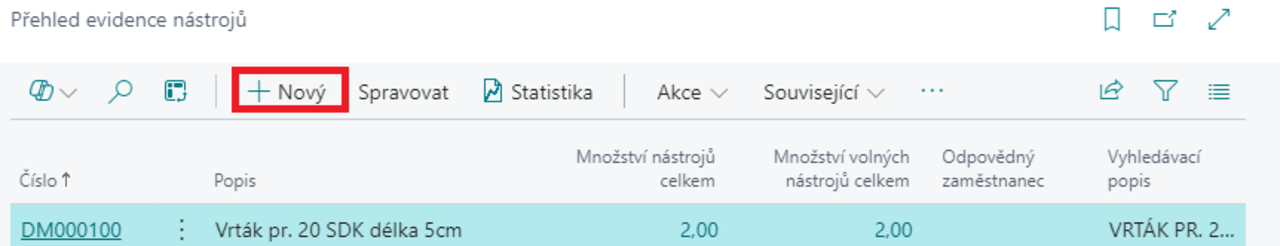Přehled evidence nástrojů - Nový