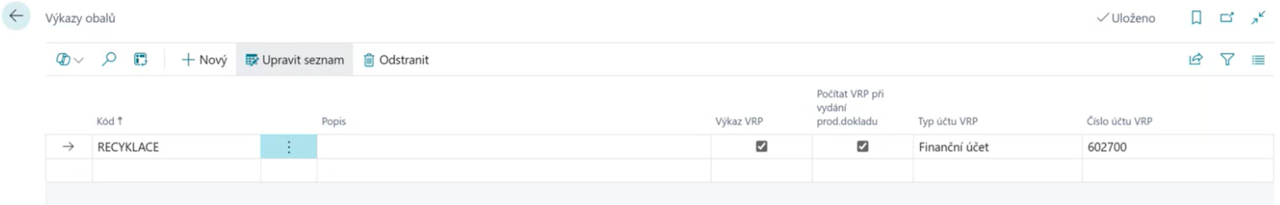 Nastavení VRP ve výkazu obalů
