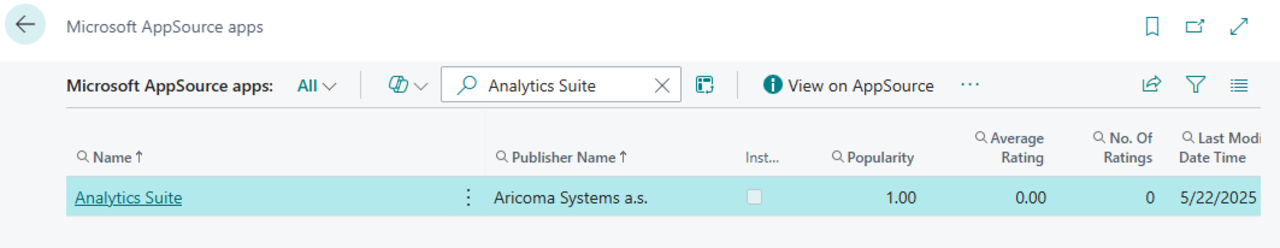 Searching for the extension in AppSource