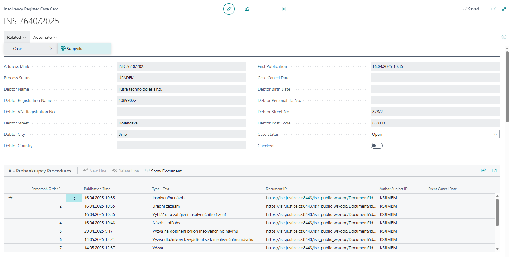 Insolvency Register Card