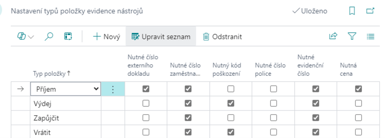 Tool and equipment records - item type settings