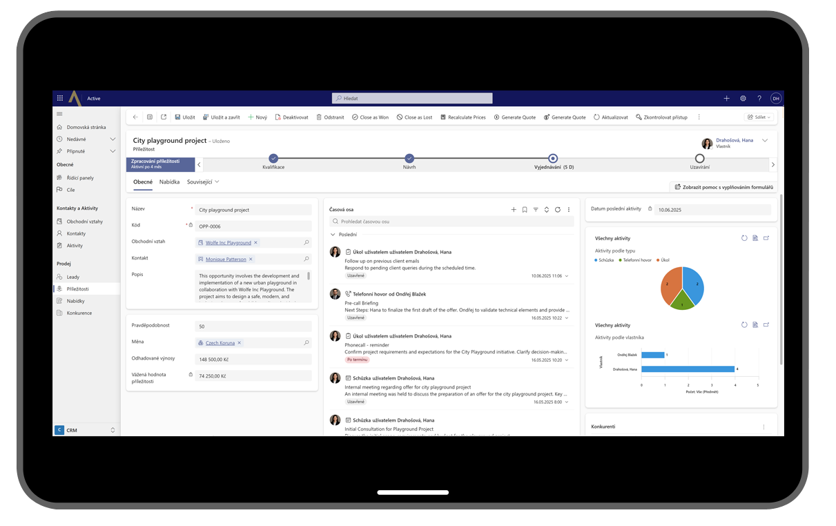 Active CRM - přehled komunikace, schůzek, e-mailů a úkolů propojených s kontakty v časové ose