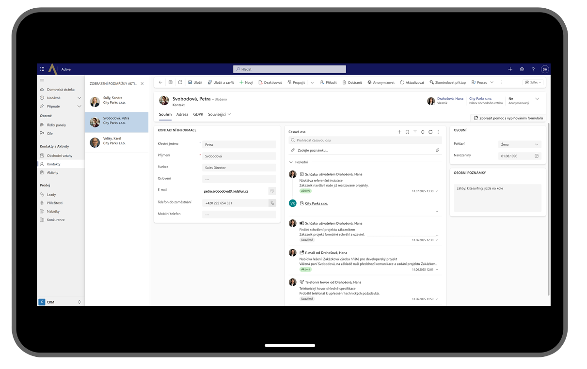 Active CRM - správa kontaktů s automatickým doplňováním údajů, eliminací duplicit a časovou osou komunikace